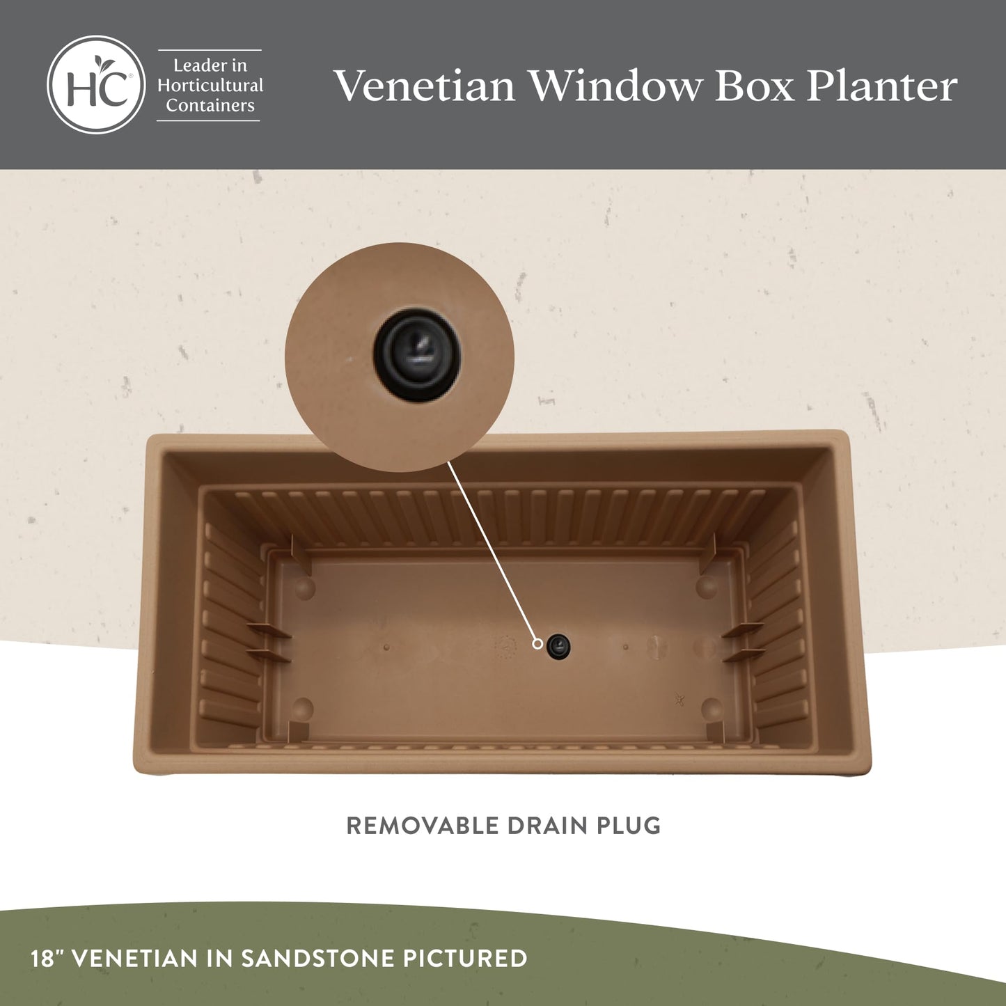 The HC Companies Venetian Window Planter Box w/Drain Plug - Long Planter Box for Windowsills, Balconies & More - Plastic Large Rectangular Planters for Herbs & Flowers (24" Warm Gray, Pack of 1)