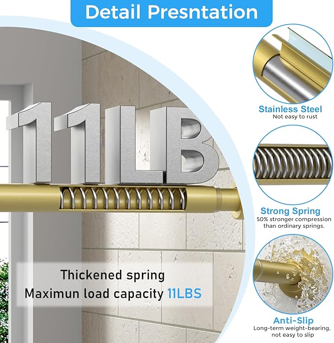 Shower Curtain Rod 31-63 Inch,0.87"Diameter Adjustable Spring Tension Curtain Rods No Drill,Warm Gold Shower Tension Rod for Bathroom,Room Divider,Window,Anti-Rust Non-Slip 1-Pack