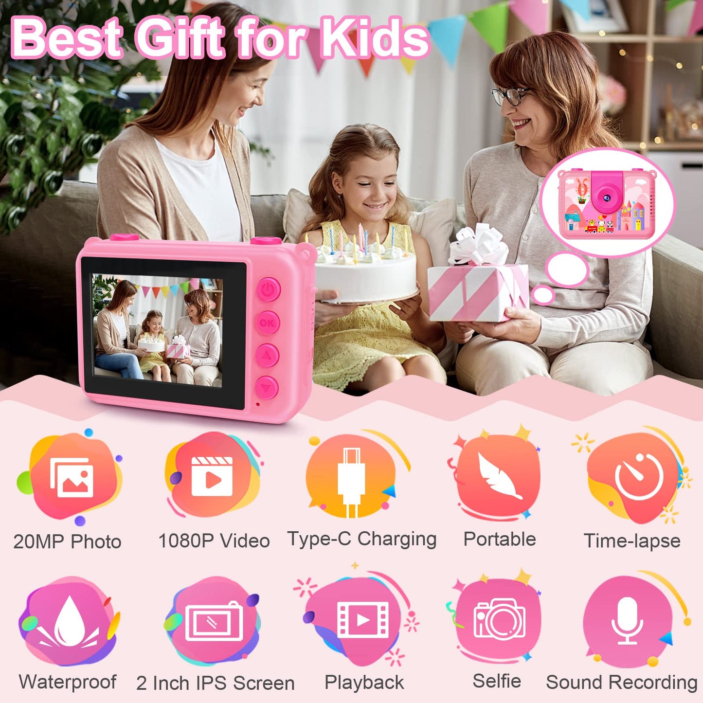 GKTZ Kids Camera - Waterproof Underwater Camera for Kids, Christmas Birthday Gifts for Girls Age 3-12, 1080P HD Children Digital Action Camera, Pool Toys for Kids Age 4-12