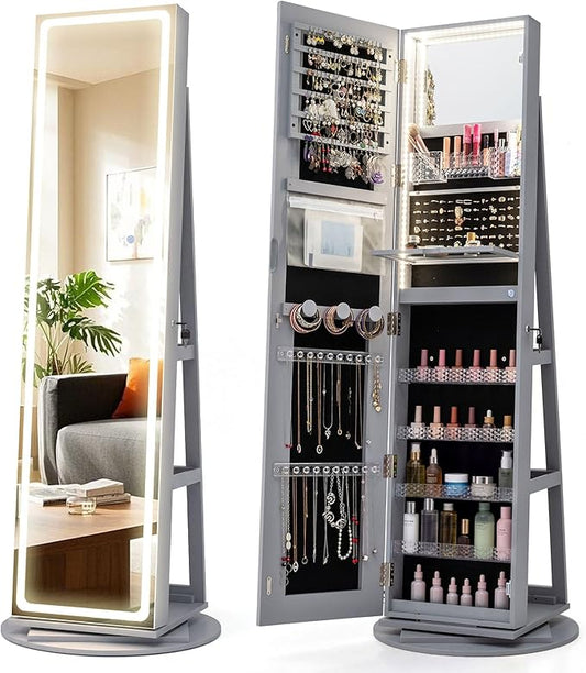CHARMAID 360Â° Rotating Jewelry Armoire with LED Lighted Full Length Mirror & Built-in Vanity Mirror, Lockable Standing Jewelry Cabinet with Lights, Large Storage Organizer for Jewelry (Gray)