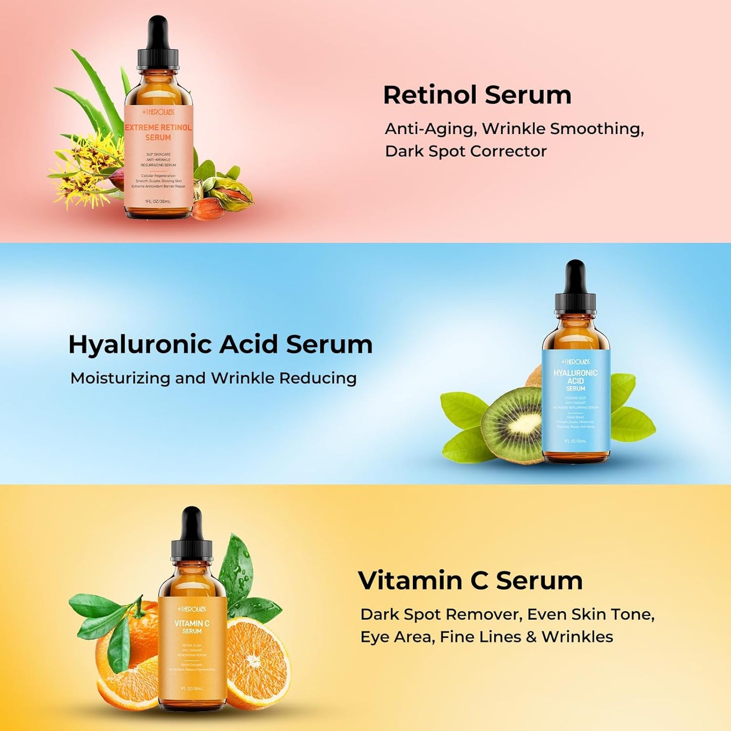 Facial Skin Care Set– Retinol Serum, Vitamin C & Hyaluronic Acid for Face – Anti Aging Face Serum Set for Women – Firm, Wrinkle Smoothing, Dark Spot Corrector, Brighten Dullness