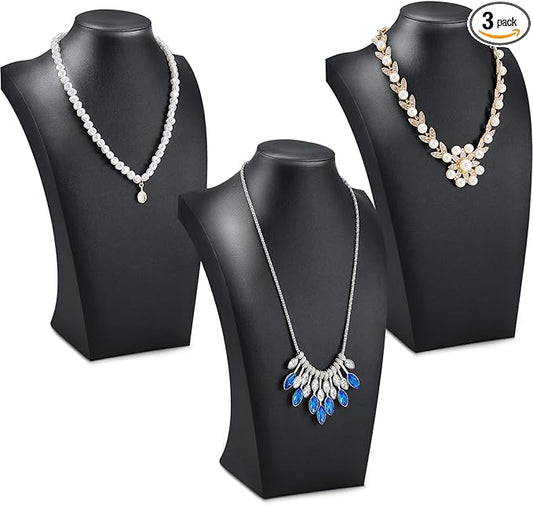 Kigley 3 Pcs Black PU Leather Jewelry Bust Display Necklace Display Stand Necklace Mannequin Holder for Jewelry Displays(11.42 x 6.89 Inch)