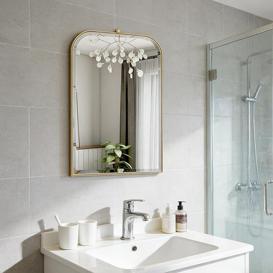 POZINO Brushed Gold Beveled Mirror, 20"x30" Arched Mirror for Over Sink, Rounded Rectangle Mirrors with Stainless Steel Frame, Brass Vanity Wall Mirrors for Bathroom Bedroom Living Room Entryway