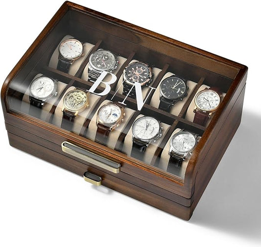 Shanik Wooden Watch Box with Drawer & Glass Lid â Acacia Wood Valet Tray Organizer for Men, Minimalist Nightstand Storage, Engraved Daily Watch Display Case, Personalized Gift for Him, Fatherâs Day