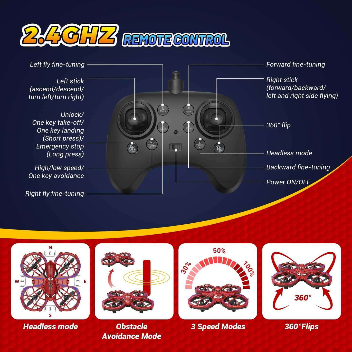 Spider Drone for Kids, Jomzuci RC Mini Drone with 360°Flip, Hover Indoor Drones for Kids 8-12 with 2 Batteries, Headless Mode, 3 Speed Mode, Quadcopter Outdoor Toys Gifts for 8-12 Year Old Boys Girls