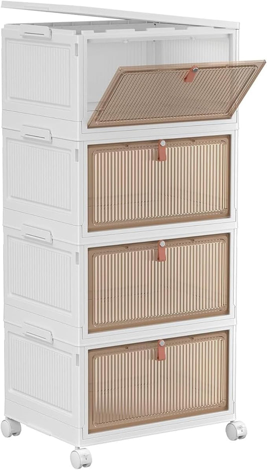 4 Tier Plastic Storage Bins with Lid 28QT - Stackable Storage Containers with Wheels, Folding Storage Boxes, Collapsible Storage Bins, Closet Organizers and Storage