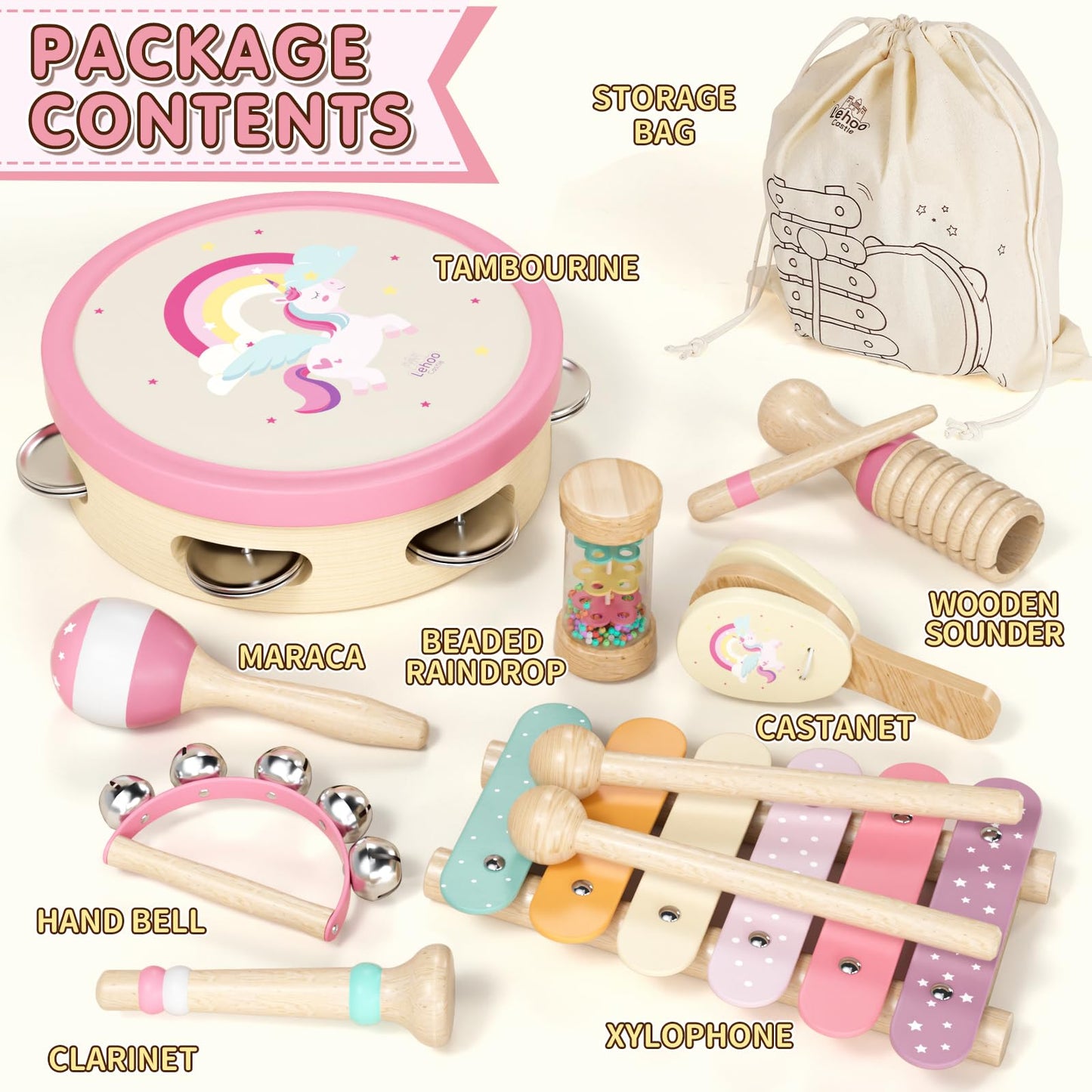 Baby Musical Instruments for Toddlers 1-3, Montessori Wooden Toys for 1 Year Old, Xylophone Maracas Percussion Set with Storage Bag, Learning Toys for Boys Girls Age 2-4, Christmas Birthday Gift, Pink