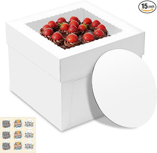 15 Pack Cake Boxes, 10x10x8 Inches Tall Cakes Box with Window, White Cake Boxes with Cakes Boards, Square Bakery Box, for Cake, Treat Cookie Dessert, Pastry, Birthday Party, Mother's Day, Weddings