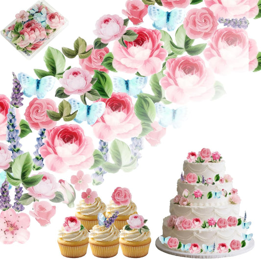 100Pcs Edible Flowers Cake Decorations, Wafer Paper Flower Cupcake Toppers Assorted Colors for Baking, Edible Butterflies and Leaves for Wedding Birthday Baby Shower Party Supplies