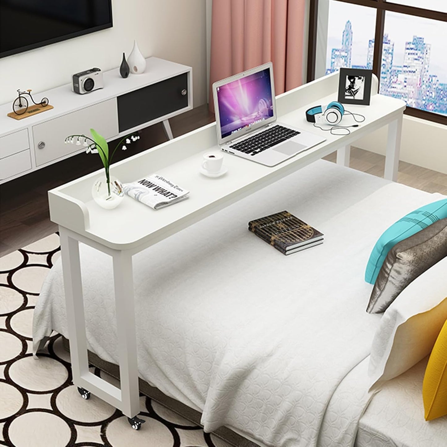 YVYKFZD Portable Overbed Table, Bedside Table with 360° Wheels, Standing Over Bed Table, Rolling Medical Over Bed Desk for Elderly, Hospital Patients, Home(White,150cm/59.0in)