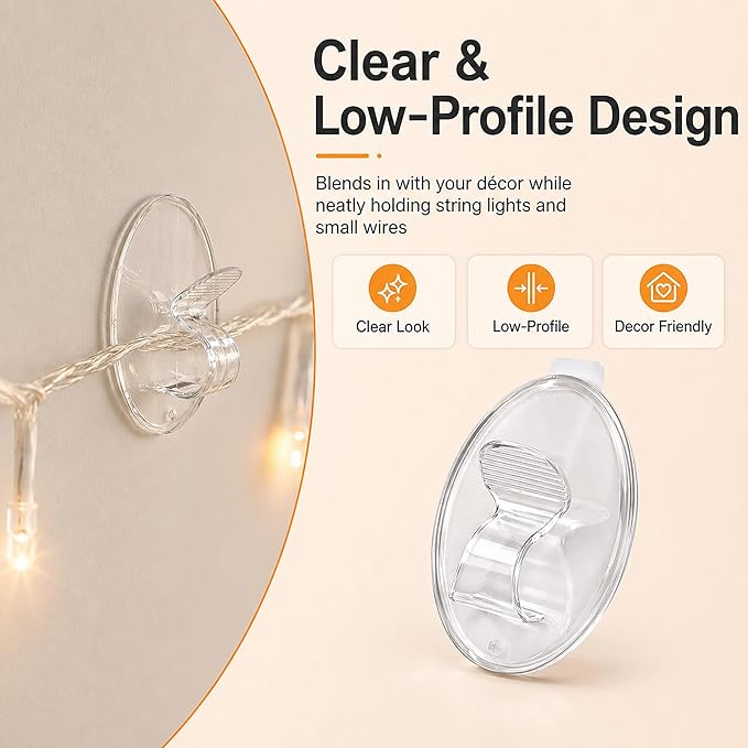 Hooks Lights Clips Outdoor String - 3X Stronger Adhesion 20Pcs Clear Heavy Duty Hangers Waterproof Adhesive - Sticky Removable 0 Residue No Drill Indoor Garage - for Patio Fence Gutters Wall Christmas