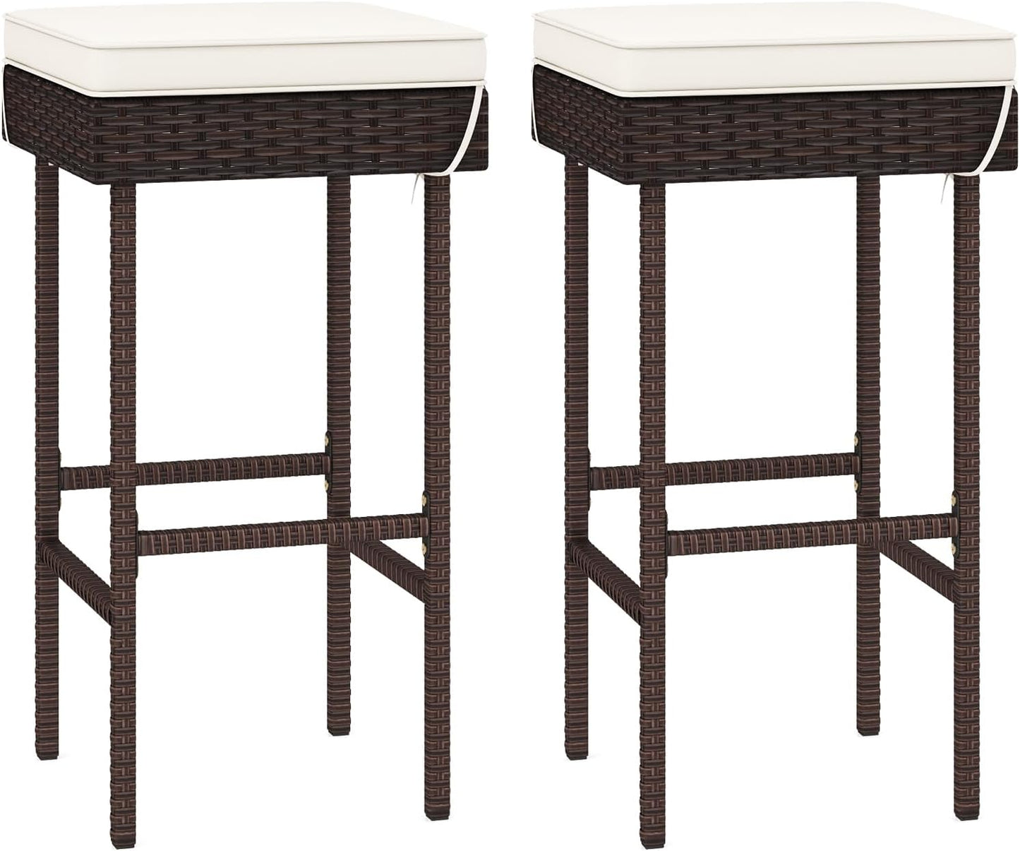 Tangkula Patio Rattan Barstools Set of 2, Outdoor Wicker Bar Height Chairs with Footrest & Soft Cushions, Heavy-Duty Metal Frame, Cushioned Barstools for Backyard, Balcony