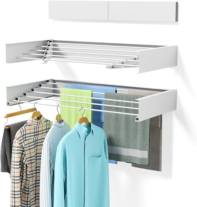 Laundry Drying Rack Collapsible, Wall Mounted, Clothes Drying Rack, 31.5" Wide, 5 Aluminum Rods, 60 lb Capacity, Laundry Racks for Drying Clothes with Wall Template(White 31.5")
