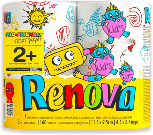 Renova Kids Toilet Paper 4 Rolls Pack - 3 Ply - 160 Sheets per Roll - Soft, Playful, and Ready for Any Bathroom Adventure - Make Potty Time Fun