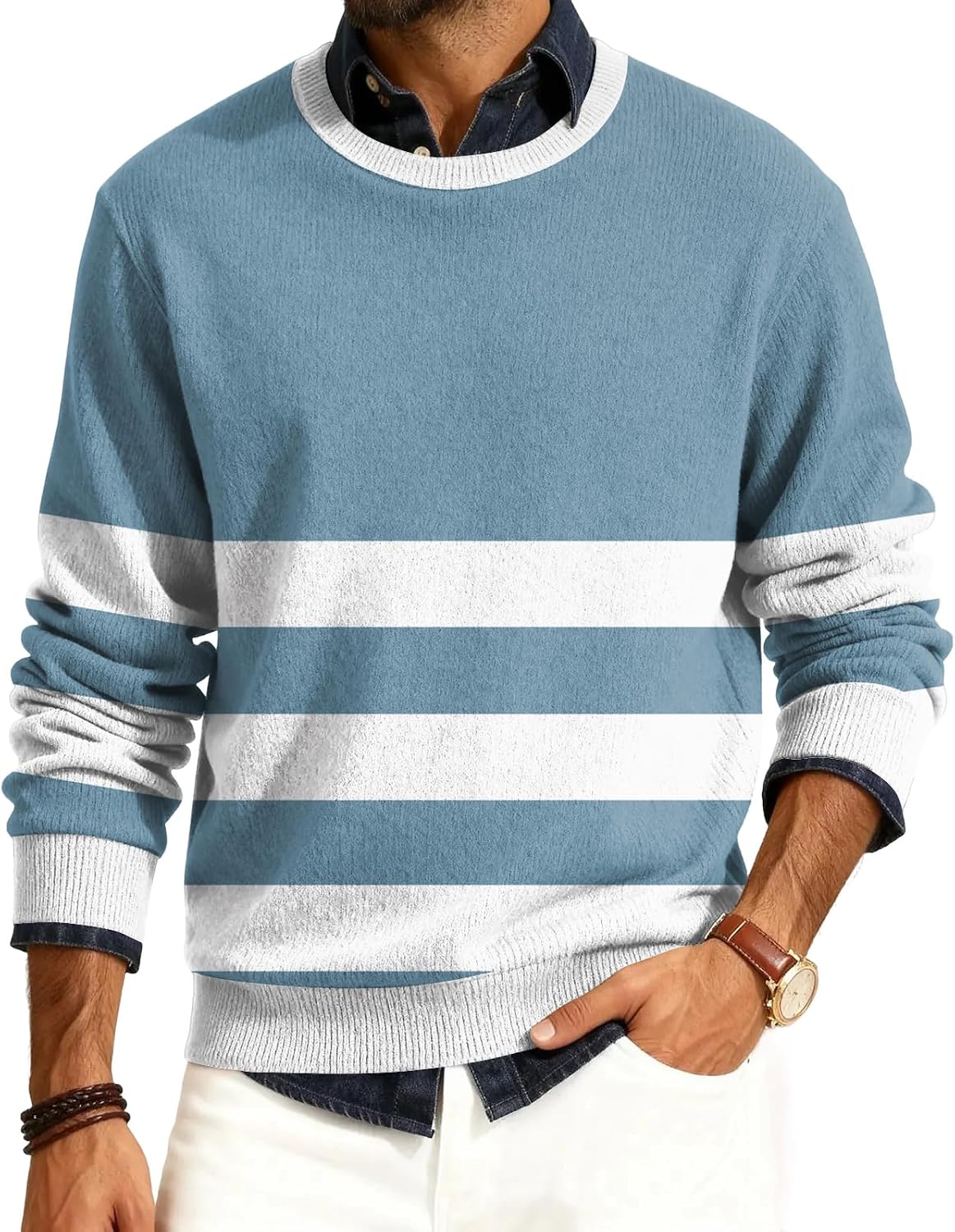 FQZWONG Men's Ribbed Crewneck Sweater Casual Long Sleeve Slim Fit Knitted Pullover Sweater Fall Winter Stripe Sweatshirts