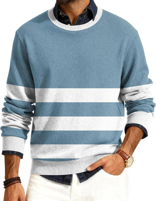 FQZWONG Men's Ribbed Crewneck Sweater Casual Long Sleeve Slim Fit Knitted Pullover Sweater Fall Winter Stripe Sweatshirts