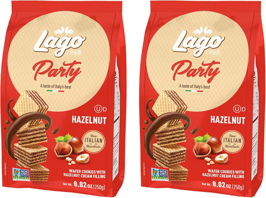 Gastone Lago Party Hazelnut Wafers, 8.82 oz – Italian Wafer Cookies with Hazelnut Flavored Cream Filling, Non-GMO Verified, Authentic Taste of Italy [Pack of 2]