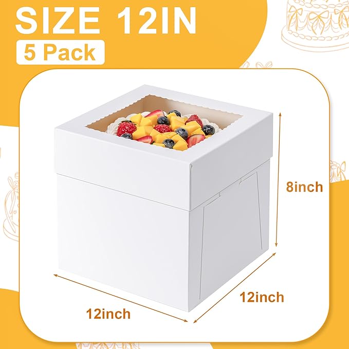 5 Pack Cake Boxes 12 Inch, 12x12x8 Inches Tall Cake Large Box, Disposable Cakes Transport Containers with Lids, Bakery Boxes with Large Window, for Cookies Pies Cupcakes Pastry-Wedding, Birthday,Party