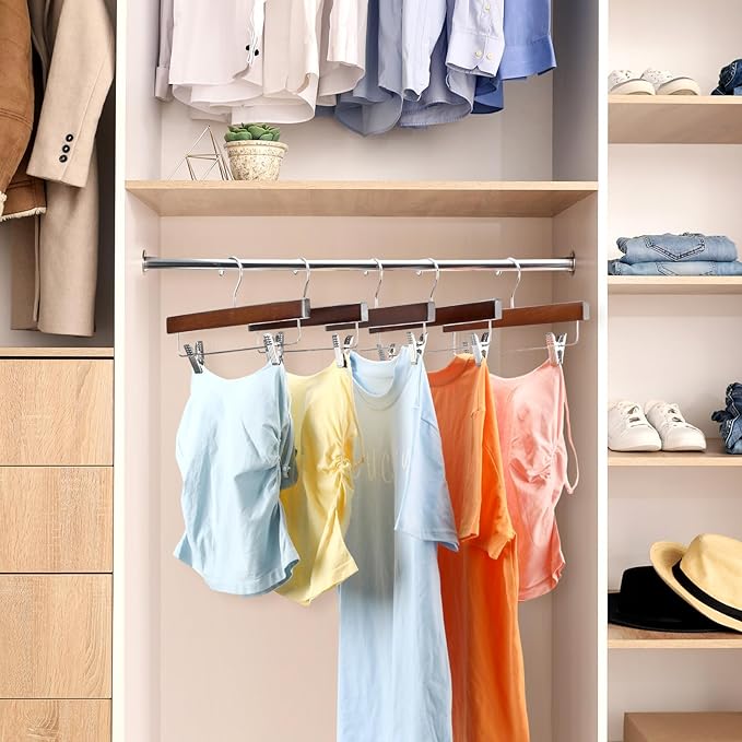 Sieral 30 Pack Wooden Pants Hangers with Clips Solid Wood Skirt Suit Coat Hangers with 2 Adjustable Clips 360 Degree Swivel Hook for Trousers Jeans Slacks Shorts Bottom, 14 Inch(Brown,Stylish)