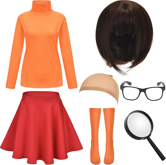 HMPRT Halloween Deluxe Adult Costume for Women,Brown Bob Wig,Turtleneck Top,Skater Skirt,Magnifying Glass,Socks and Glasses