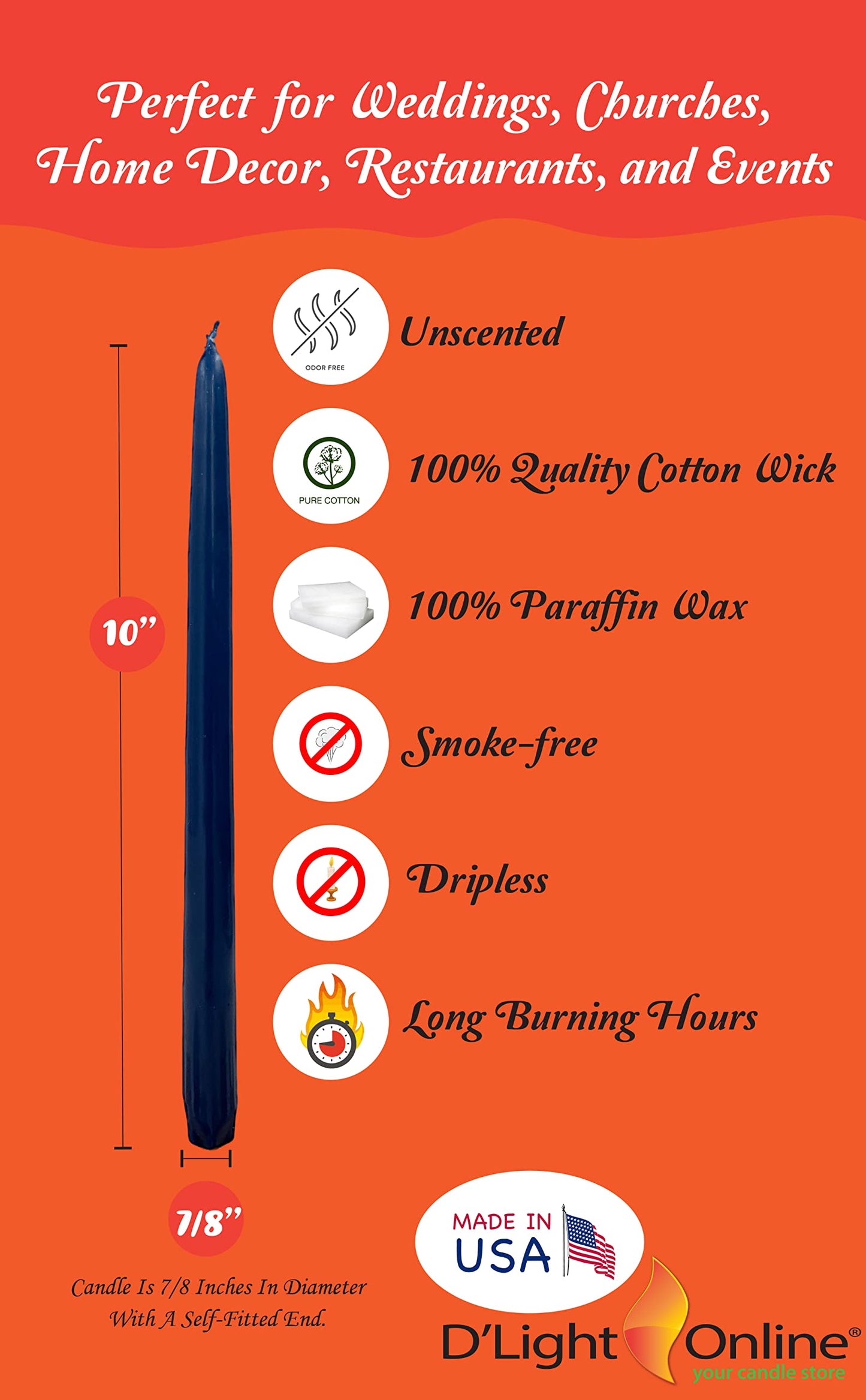 D'light Online Elegant 10" Unscented Cobalt Blue Taper Candles, Premium Quality Hand-Dipped Tapered Candles, Dripless and Smokeless - Set of 12 Individually Wrapped (10 Inch, Cobalt Blue)