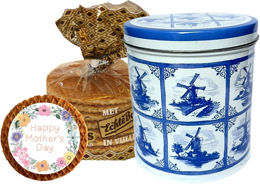 DeReuze Dutch Stroopwafel Gift Set – Authentic Caramel Waffle Cookies in Blue Tile Delft Style Holland Tin – Includes Gift Message: Happy Birthday, Thank You, Get Well for Coffee & Tea Lovers (Mother's Day)