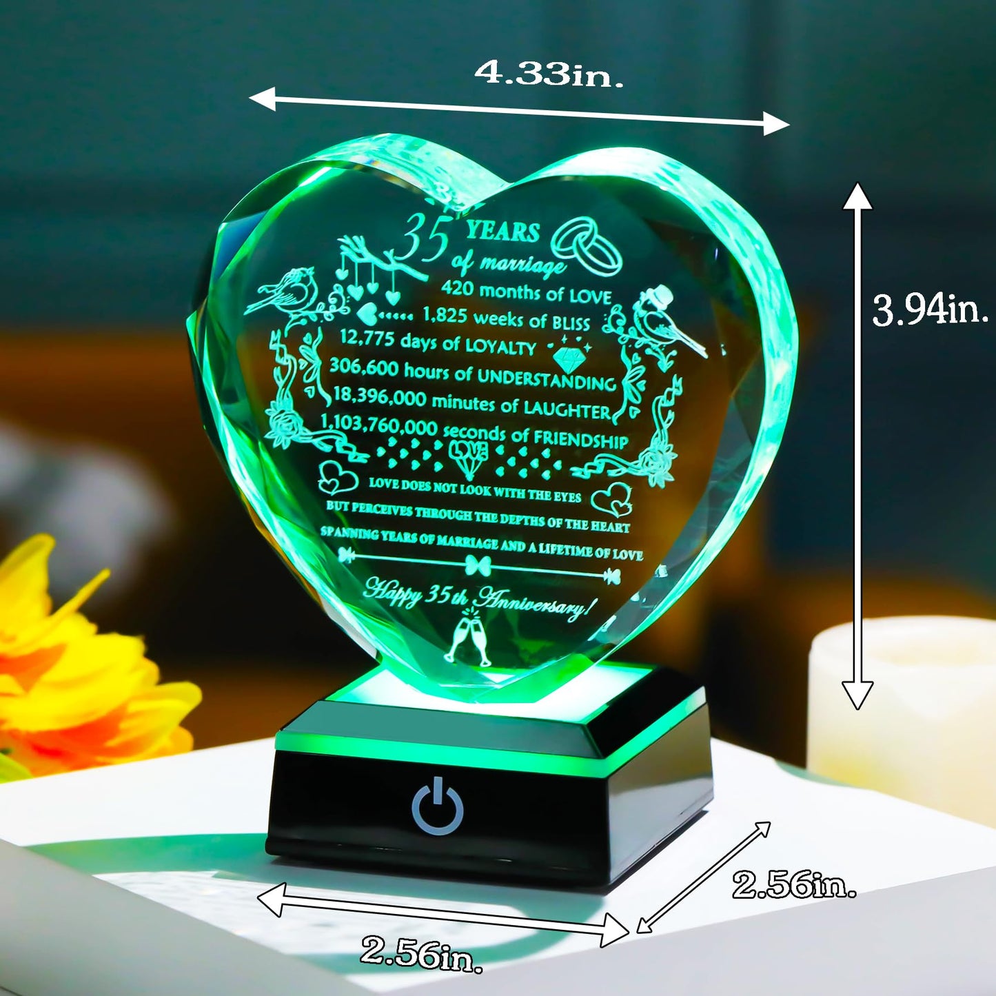 YWHL 35th Wedding Anniversary Crystal Gifts with LED Base Laser Engraved 35th Anniversary Heart Keepsake Gift for Couples Parents Romantic 35 Years of Anniversary Marriage Gifts for Wife Husband