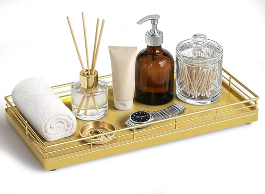 Bathroom Vanity Tray â 12" x 6" Oak Decorative Wooden Tray for Toilet Tank Organizer, Wood Tray for Bathroom Countertop, Soap, Perfume, Storage Vanity Dresser Decor for Bathroom Essentials Gold