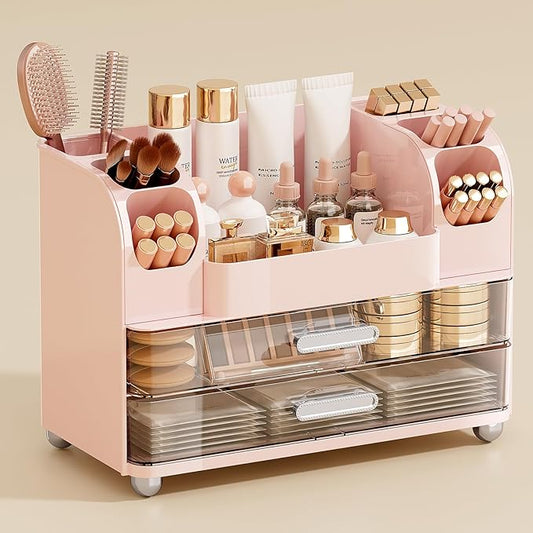 Makeup Organizer for Vanity with 2 Large Drawers, Cosmetic Display Case with Brush Holders, Easy to Storage for Bathroom Countertop Skincare, Desk Office Supplies, Pink