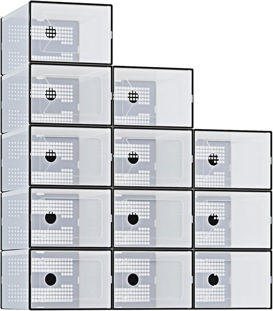 DUMOS Clear Shoe Storage Boxes, 12-Pack Plastic Stackable Shoe Containers with Lids, Display Sneaker Case Organizer for Closet, Under Bed, Entryway,Black (Fit Size 11)