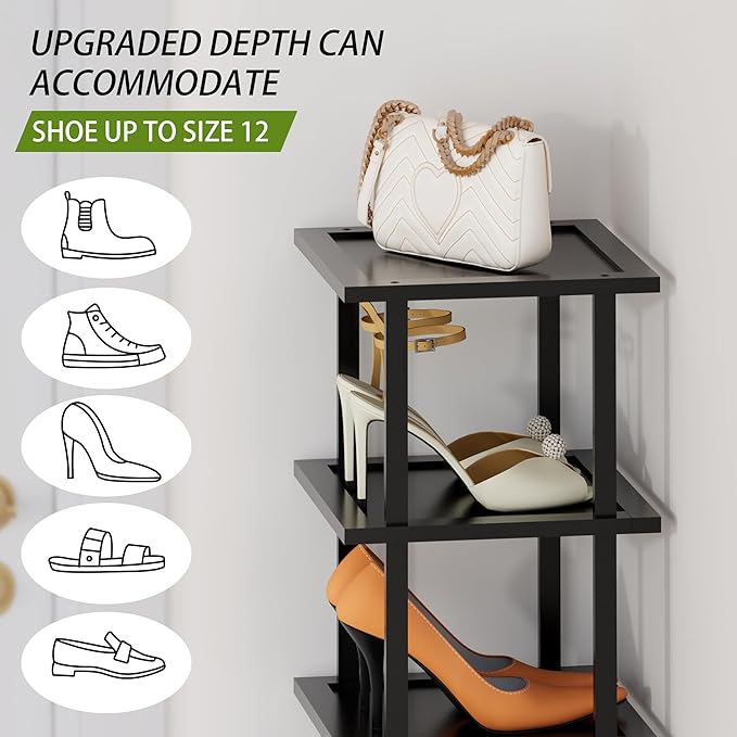 Vertical Tall Shoe Rack Organizer for Entryway -7 Tier Free Standing Slim Narrow Bamboo Wood Corner Stackable Shoe Boots Storage Stand Small Spaces for Closet Garage Cloakroom Living Room (Black)