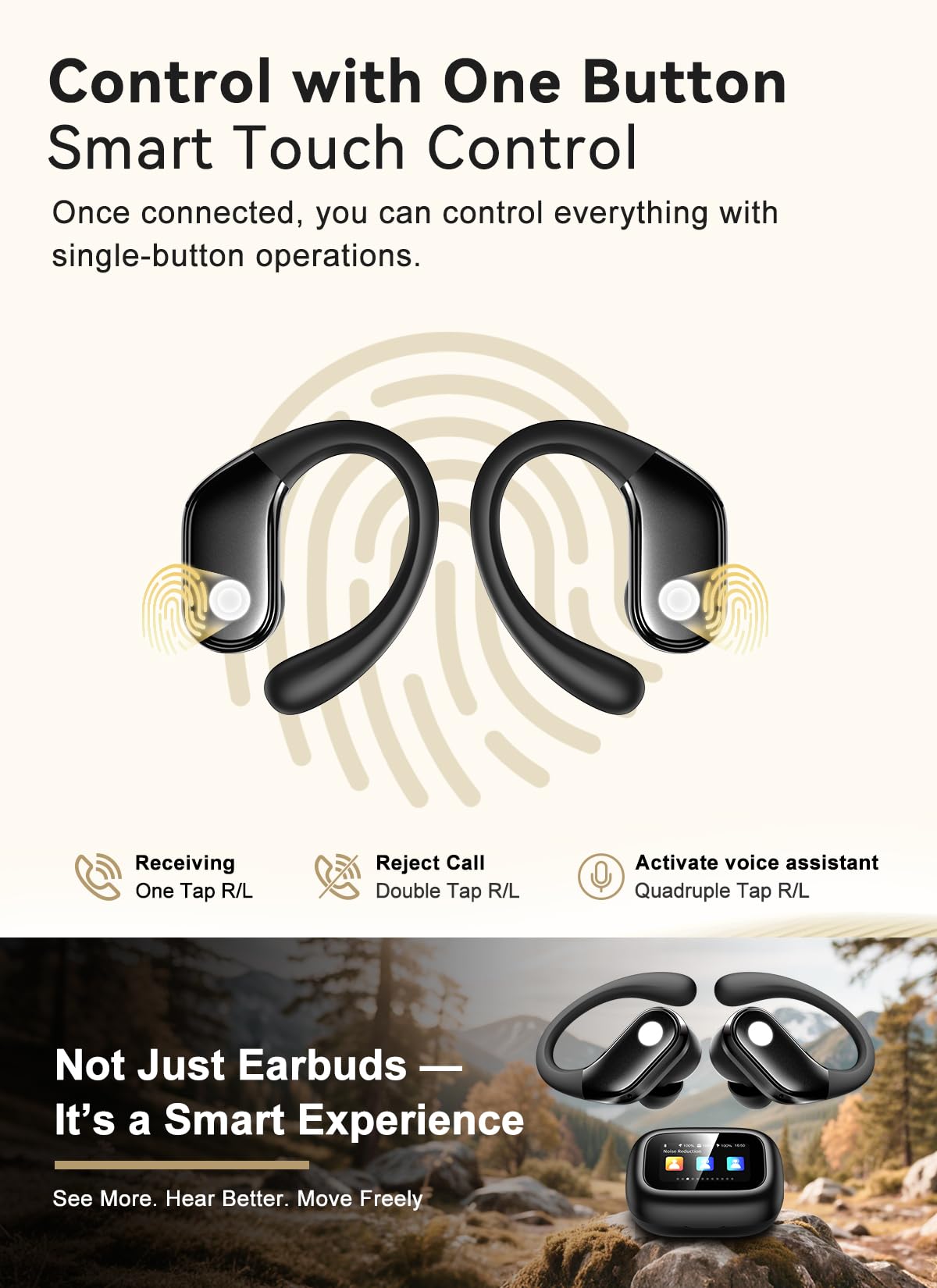 jaddsa Wireless Earbuds, ANC Noise Cancelling Sport Ear Buds with Multifunctional Touch Screen, Bluetooth 5.4 Headphones, Bass Stereo Sound, 5 EQ Over The Ear Earbuds for Sports/Workout/Gym-Black