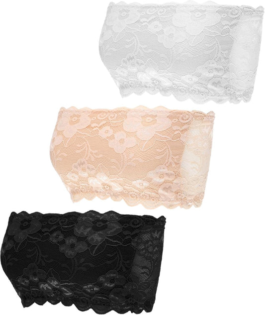 3 Pcs Lace Tube Top Bra, 24-40 Inch Strapless Lace Bandeau Bra Stretchy Tube Top Bras for A or B Cup Low Neckline Cleavage Cover Strapless Bras Bandeau Chest Wrap (White, Black, Beige)