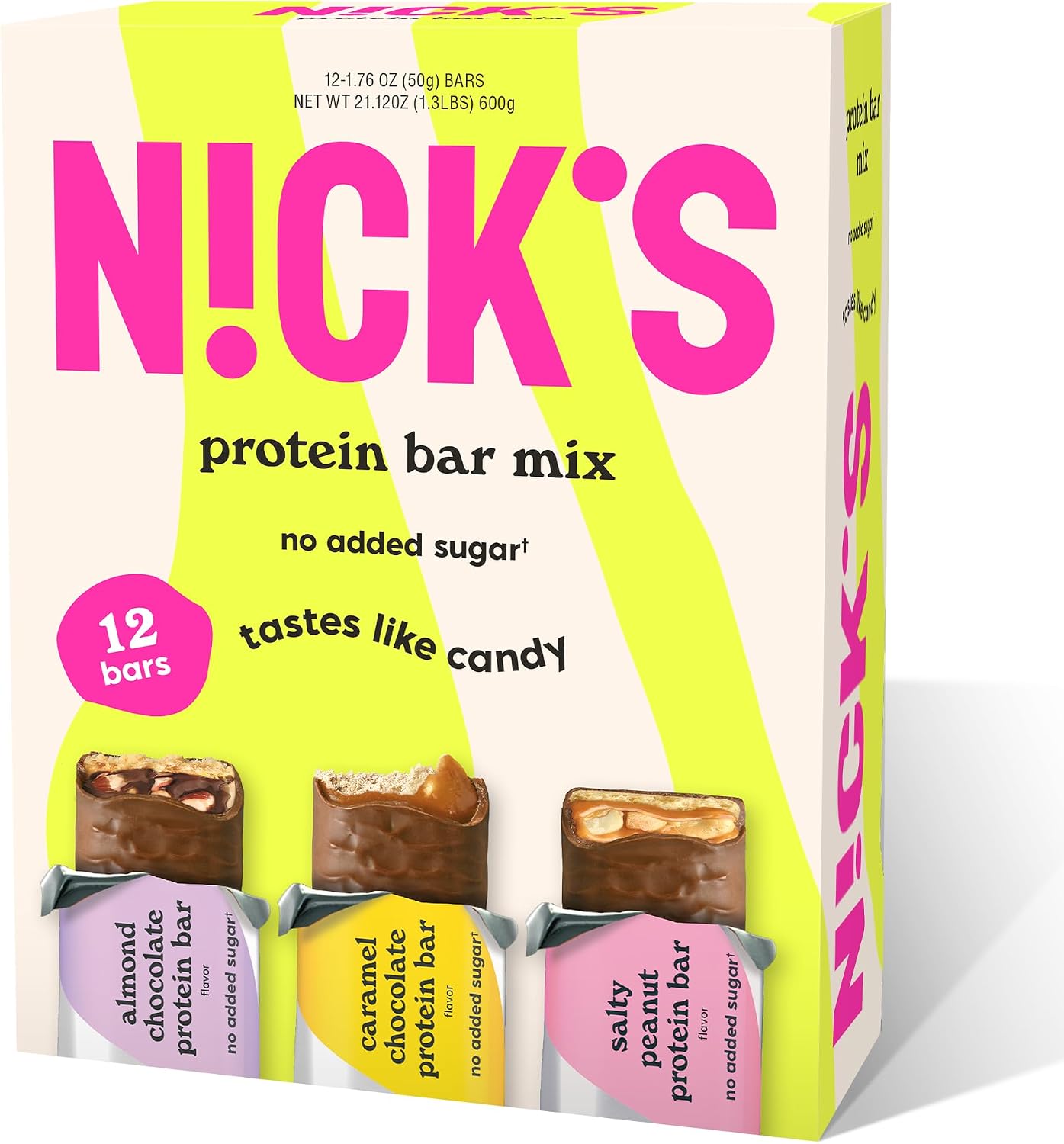 N!CK'S Protein Bars Variety Pack, Protein-Packed Snack, Low Calories, Low Carb Keto Friendly Snacks No Added Sugar, Salty Peanut, Chocolate Caramel and Almond Chocolate (12 Pack)