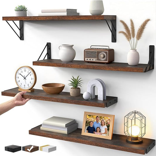 BAYKA Wall Shelves for Bedroom Decor, Floating Shelves for Wall, Display Mounted Rustic Wood Shelf for Books,Plants,Corner Shelves for Bathroom,Kitchen,Living Room(Rustic Brownï¼23inï¼Set of 4)