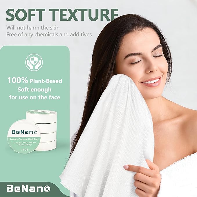 Benano Premium Compressed Towel Tablets Disposable Towel 55.1 in x 27.5 in Large Bath Towel Travel Towel Reusable for Hotel Camping Mountaineering Sports Hiking Beach Swimming Vacation (20 Pack)