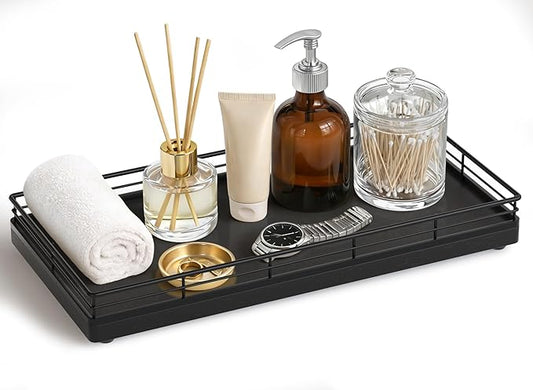 Bathroom Vanity Tray â 12" x 6" Oak Decorative Wooden Tray for Toilet Tank Organizer, Wood Tray for Bathroom Countertop, Soap, Perfume Storage Vanity Dresser Decor for Bathroom Essentials Black