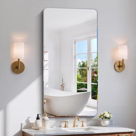 CILIBER Frameless Mirror, 24x48 Beveled Bathroom Mirror Rounded Corner, Frameless Wall Mirror Shatterproof Tempered Glass Lightweight Design for Bedroom Living Room Entryway