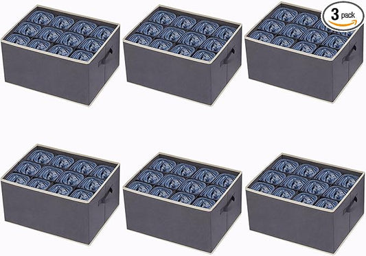 6 Pcs 12 Cell Large Size Pants Organizers for Clothes, Jeans, Sweater, T-shirt, Dress Stackable for Wardrobe Closet Drawer Organizer Storage Bin Container, Dark Grey