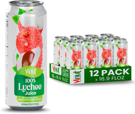 VINUT 100% Lychee Juice, No Added Sugar, Not From Concentrate, 16.9 fl oz (500 mL) Can, Pack of 12