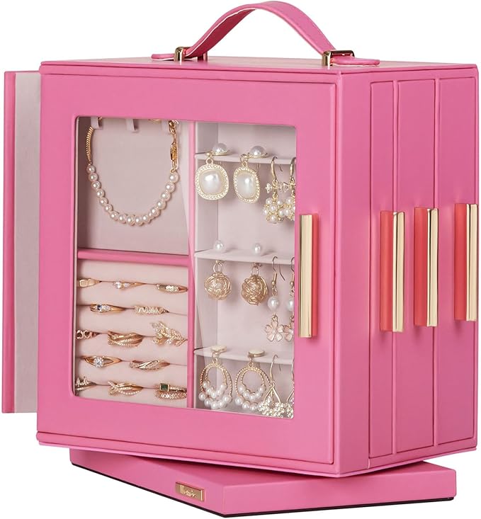 Homde Jewelry Box 360Â° Rotating, Necklace Earring Organizer with Transparent Window, Mirror, 7 Drawers, Large Ring Display Storage Case for Girls Women (Pink)