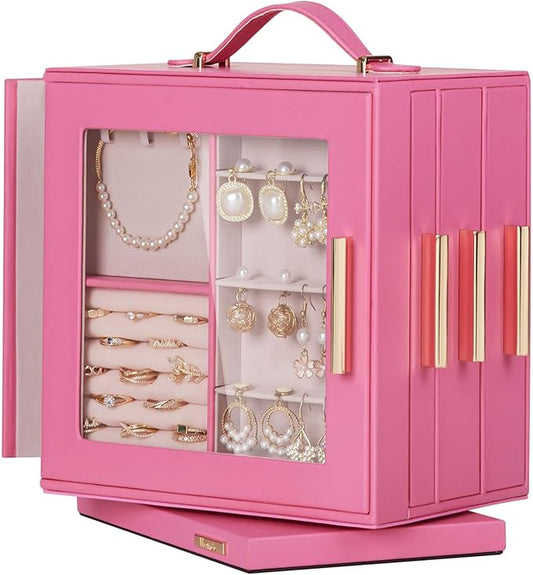 Homde Jewelry Box 360Â° Rotating, Necklace Earring Organizer with Transparent Window, Mirror, 7 Drawers, Large Ring Display Storage Case for Girls Women (Pink)