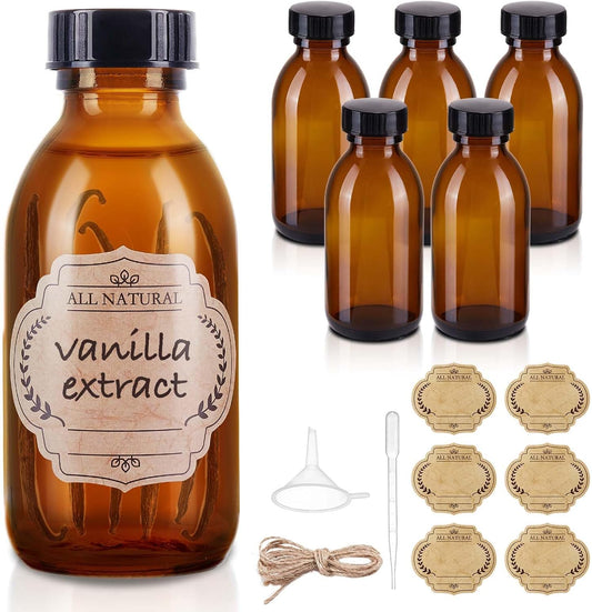 6 Pack 4 oz Amber Glass Bottle with Lids, Small Glass Bottles Empty Containers for Homemade Vanilla Extract, Essential Oils, Juice, Potion, Syrup, Liquids, Christmas, Holiday Gift