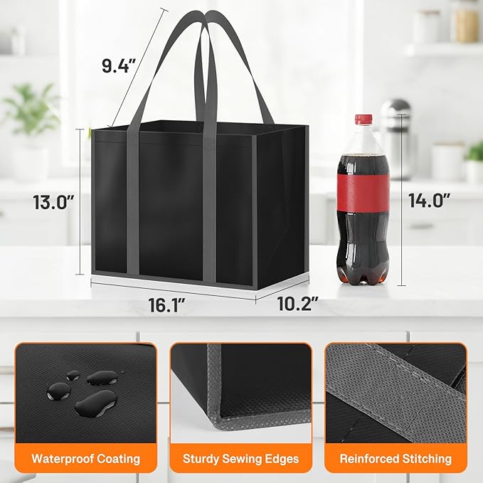 WISELIFE Reusable Grocery Bags with Handles - 8 Pack, 35L Large Shopping Bags for Groceries, Water-Resistant & Foldable Grocery Totes for Lasting Use for Kitchen, Market, Car Trunk, Picnic (Black)