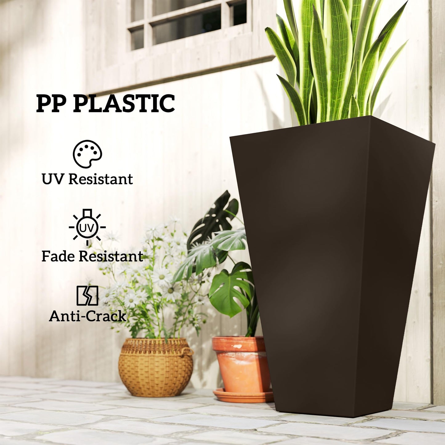 Outsunny Tall Planters for Outdoor Plants Set of 3, 28 in Taper Planters with Drainage Holes, Indoor Grande Plant Pots, Front Porch Decor, Brown