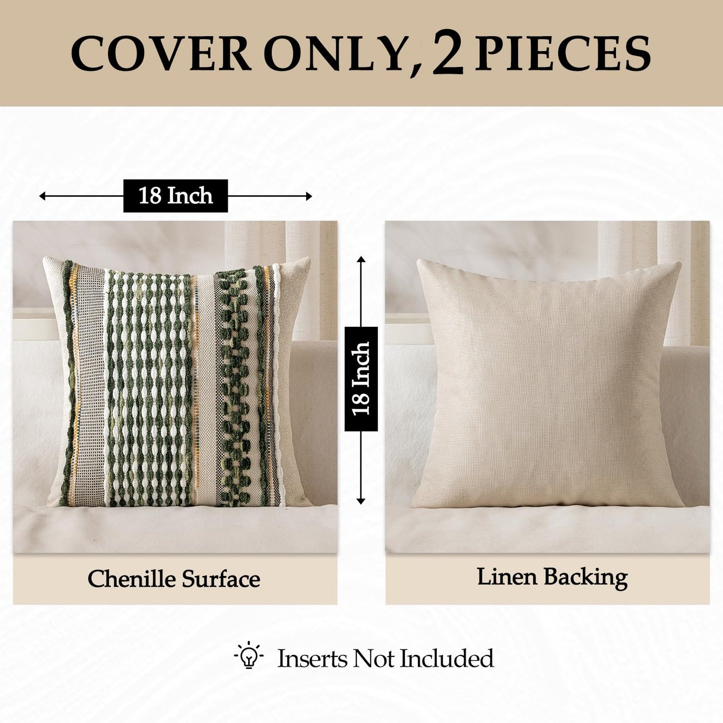 ANRODUO Pack of 2 Boho Decorative Throw Pillow Covers 18x18 Farmhouse Cushion Case Striped Chenille Pillow Cases Square Pillow Covers Accent Neutral Pillowcase for Sofa Couch Bed, Olive Green Stripe