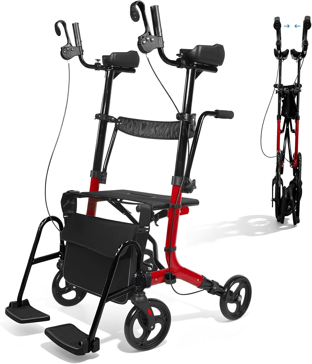 Upright Walkers for Seniors 450 lbs Capacity, 22 lbs Foldable Lightweight Walkers for Seniors with Seat, Armrest and Pedal, Height Adjustable Rollator Walker with Seat for Travel & Gift (Red)