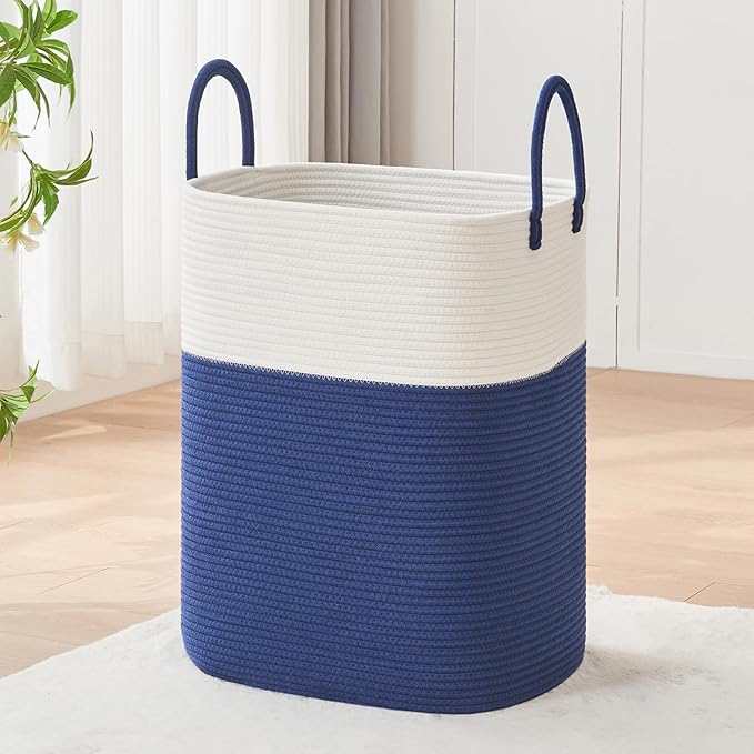 Laundry Basket with Handles - Blanket Basket & Hampers for Bedroom Aesthetic, Laundry Hamper & Blanket Storage for Living Room, Clothes Hamper, Tall, Large 17" x 14" x 23â, White & Dark Blue