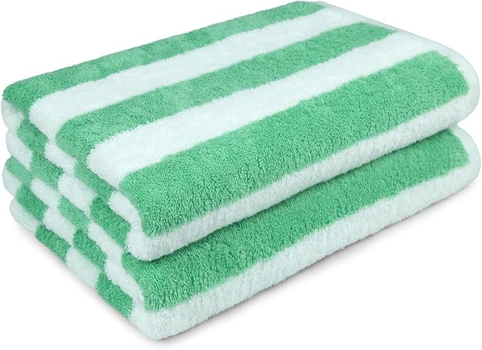 Amazon Basics 100% Cotton Terry Beach Towel, Soft & Absorbent, Quick Drying, Cabana Stripe, Large 30" x 60", Green, 2-Pack
