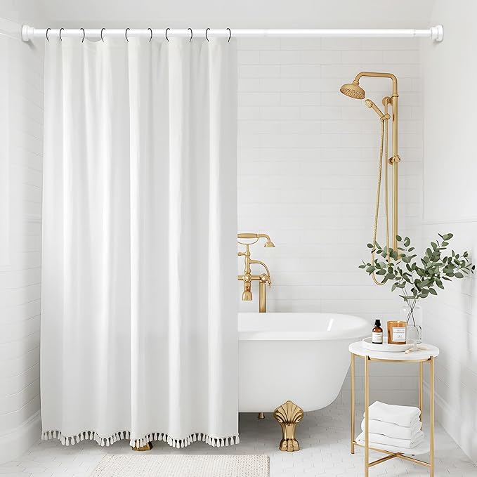 Shower Curtain Rod 31-49 Inch,0.87"Diameter Adjustable Spring Tension Curtain Rods No Drill,Ivory White Shower Tension Rod for Bathroom,Room Divider,Window,Anti-Rust Non-Slip 1-Pack